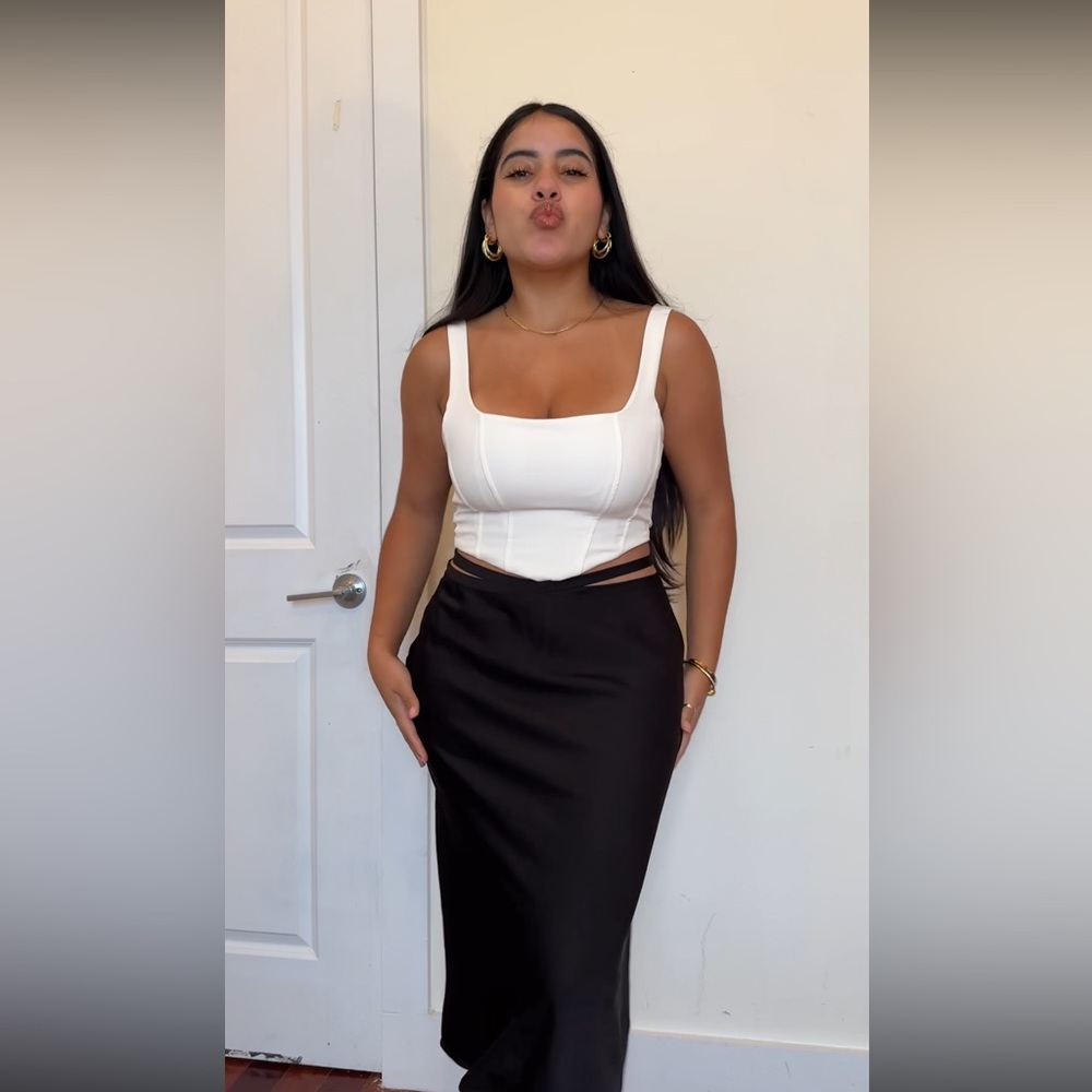 New satin midi skirt with unique waist detail